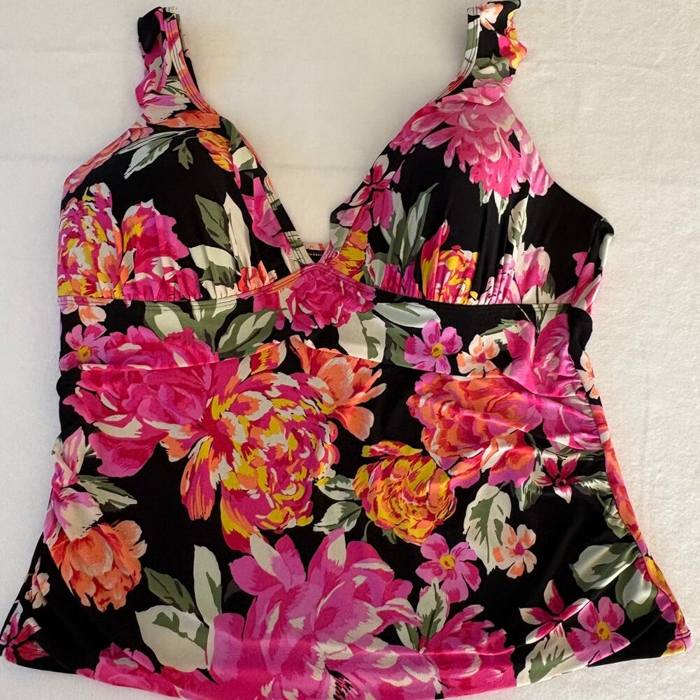 Bal Harbour Black Floral Ruffled Strap Print Tankini Top Womens Plus 2X